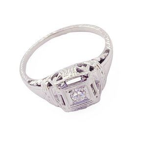 Vintage Estate 18k White Gold Diamond Art Deco Filigree Ring